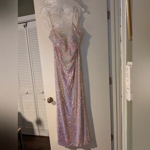 Stretch Sequin Prom Dress with Illusion V-Neck Gown in Iridescent Pink 20